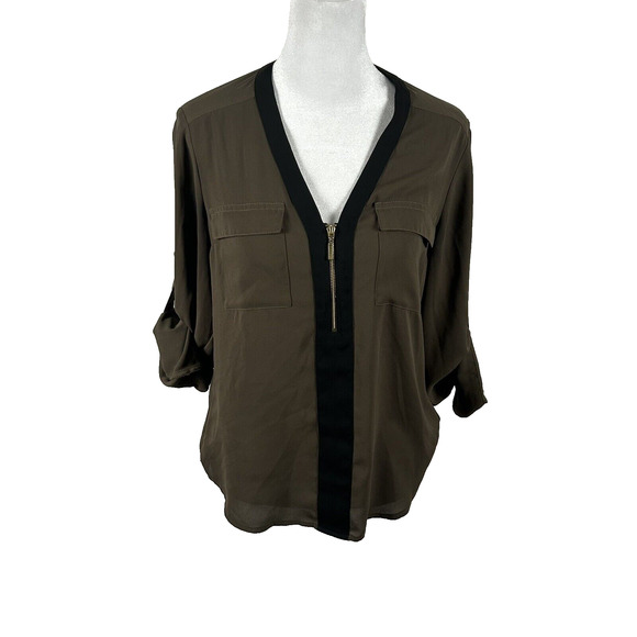 Express Green Black V Neck Top Blouse Cuffed Long Sleeve XS Zip Business Casual - Picture 1 of 4